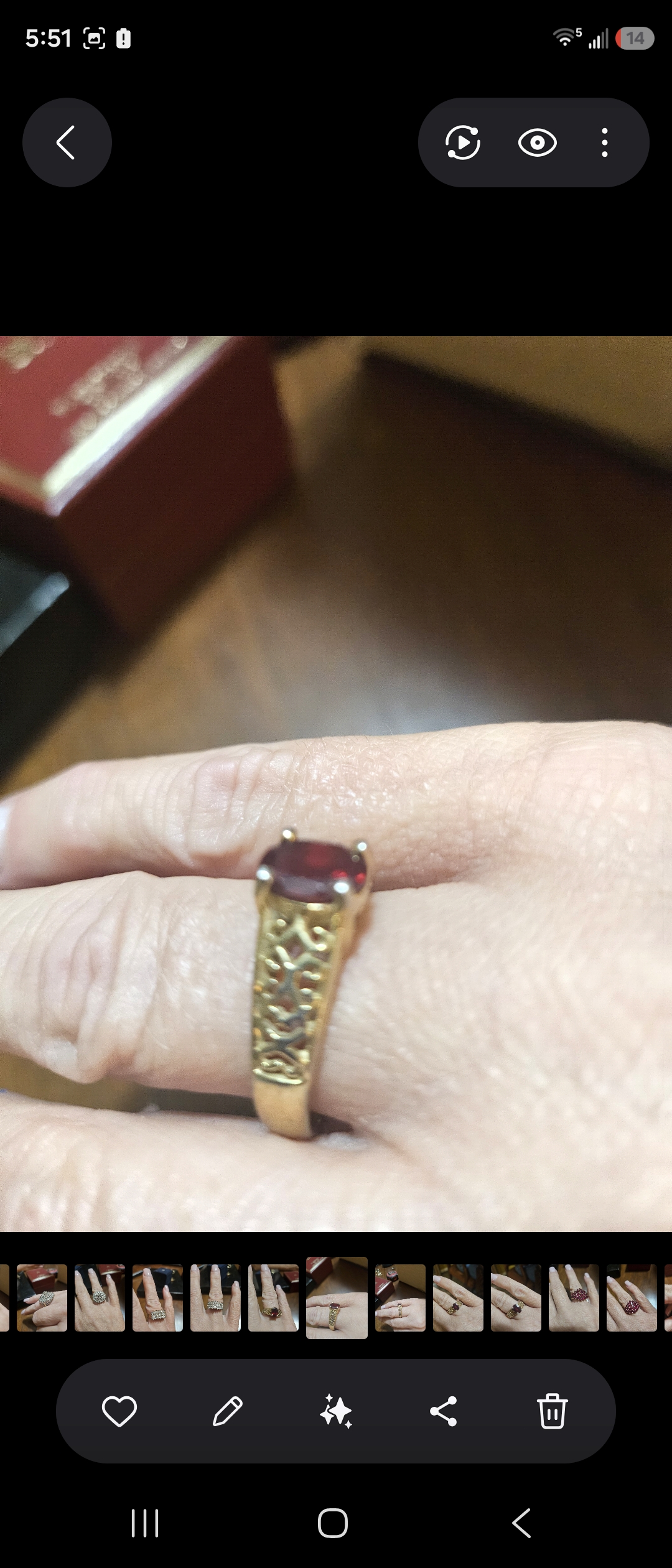 Vintage Gold Overlay Ring with Red Oval Gemstone - left