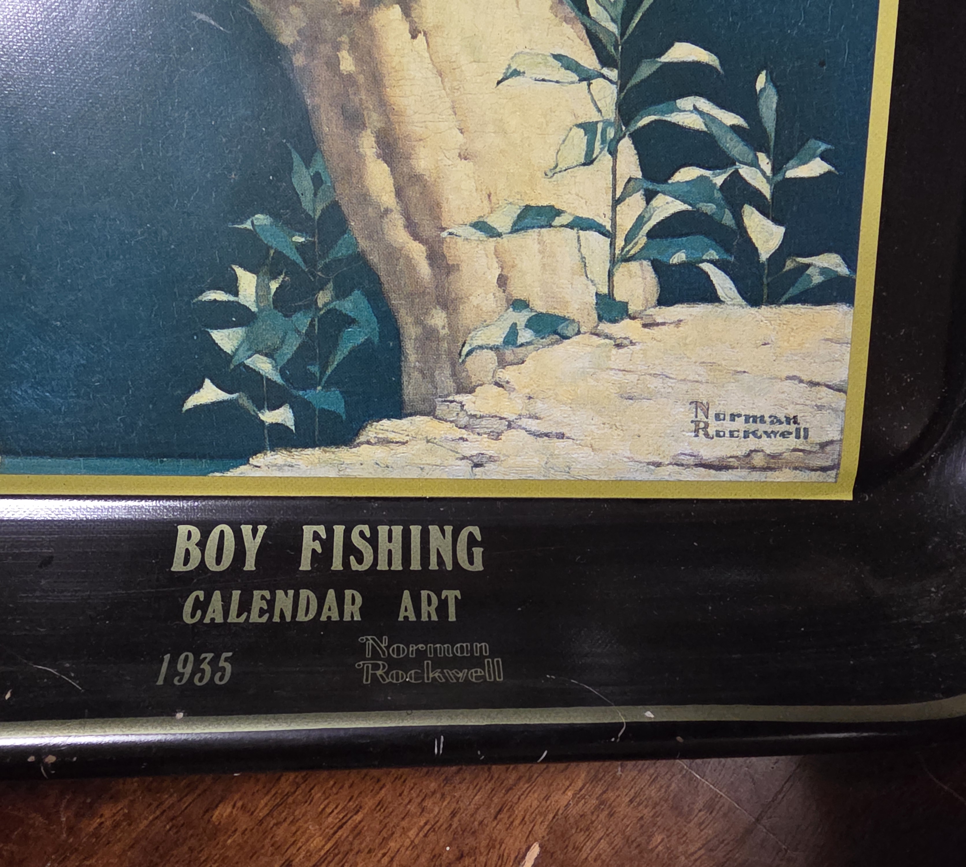 Coca-Cola Promotional Tray featuring Norman Rockwell 'Boy Fishing' Art - detail